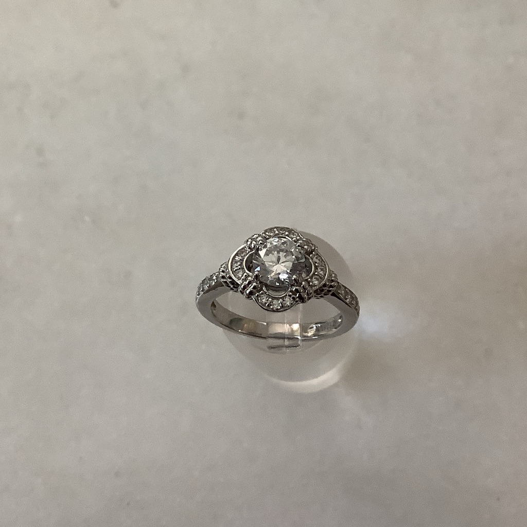 Platinum Plated Sterling Silver Swarovski Center Halo Ring, Brand New
